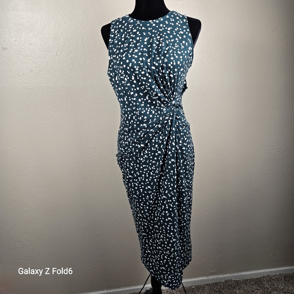 Nine Britton Women’s Green White Polka Dot Sleeveless Midi Dress Size L Ruched S